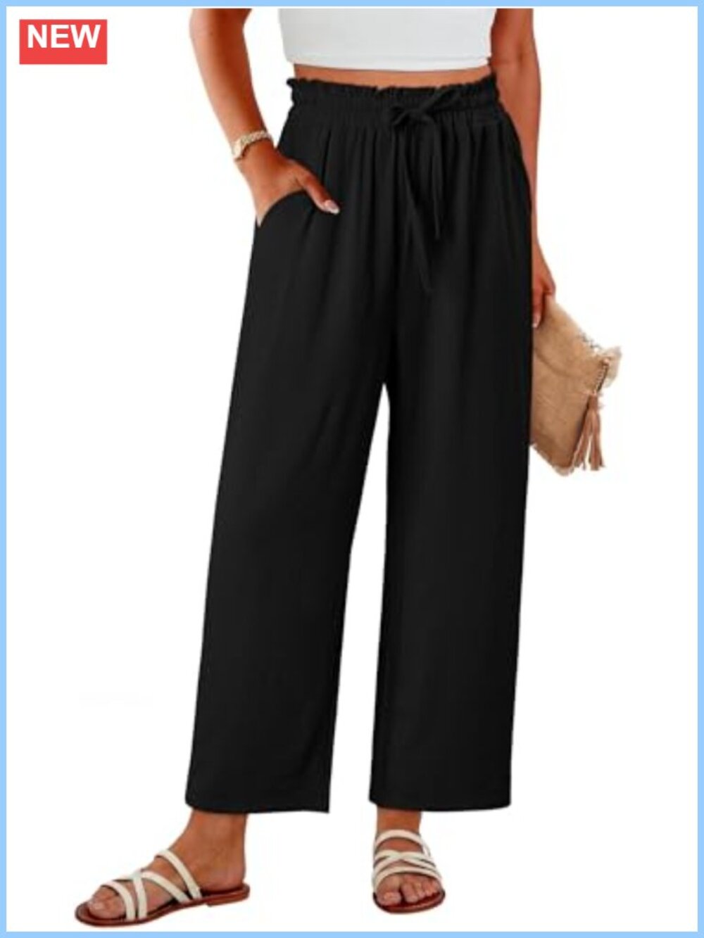 Womens Flowy Palazzo Pants High Waisted Wide Leg Ruffle Paper Bag Waist with